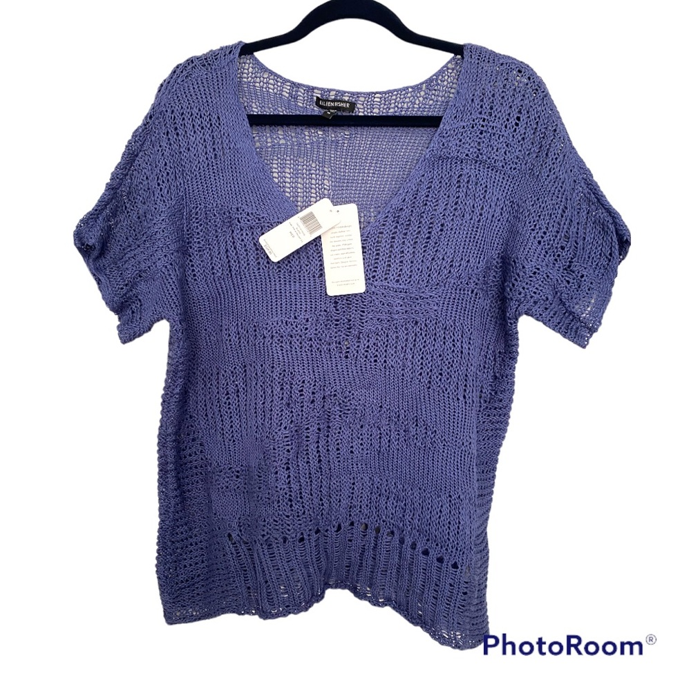 Eileen Fisher Blang Vneck Top Dolman Sleeve Open Knit Sweater Medium